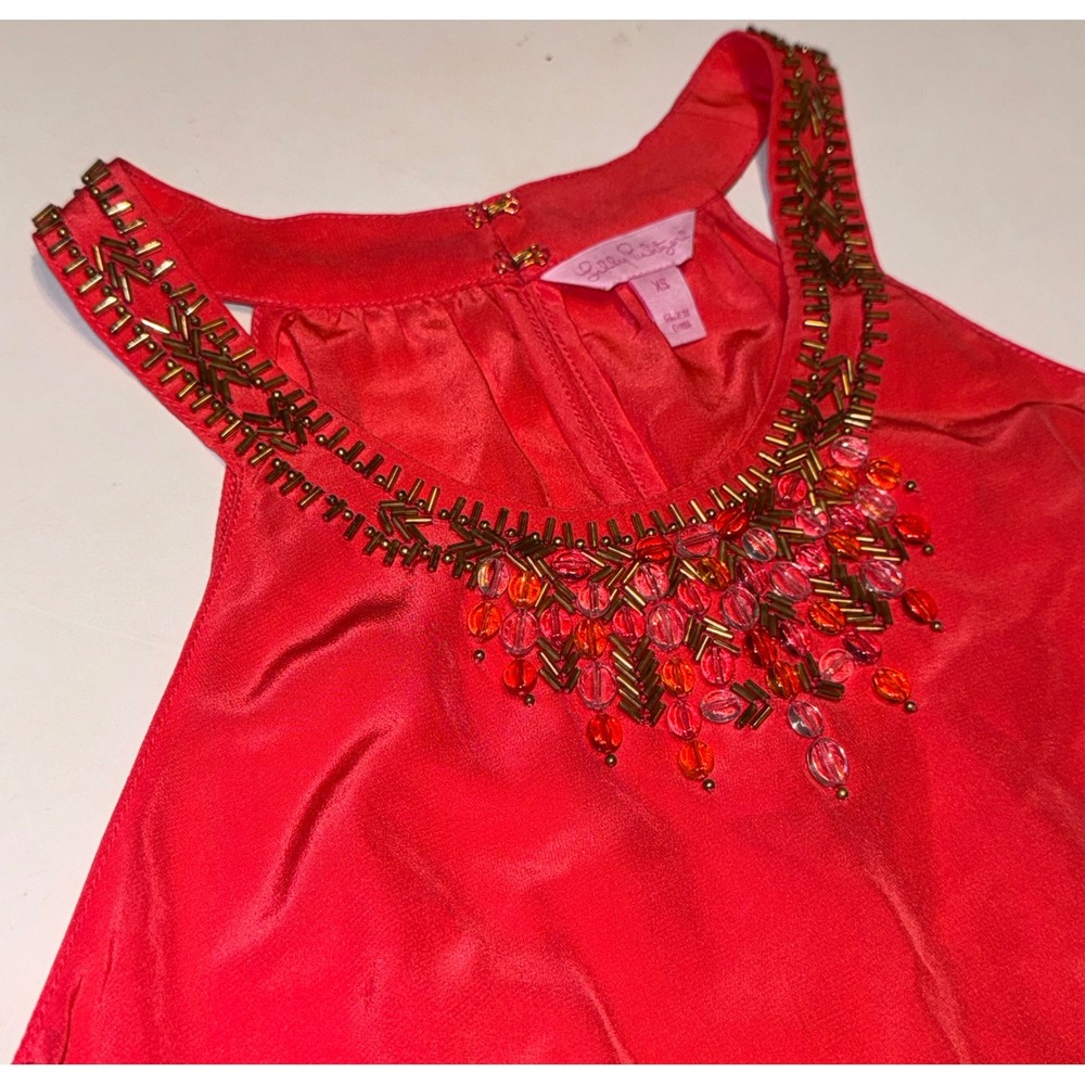Lilly Pulitzer Boho 100% Silk Tank Top Beaded Neckline Coral Orange XS Blouse